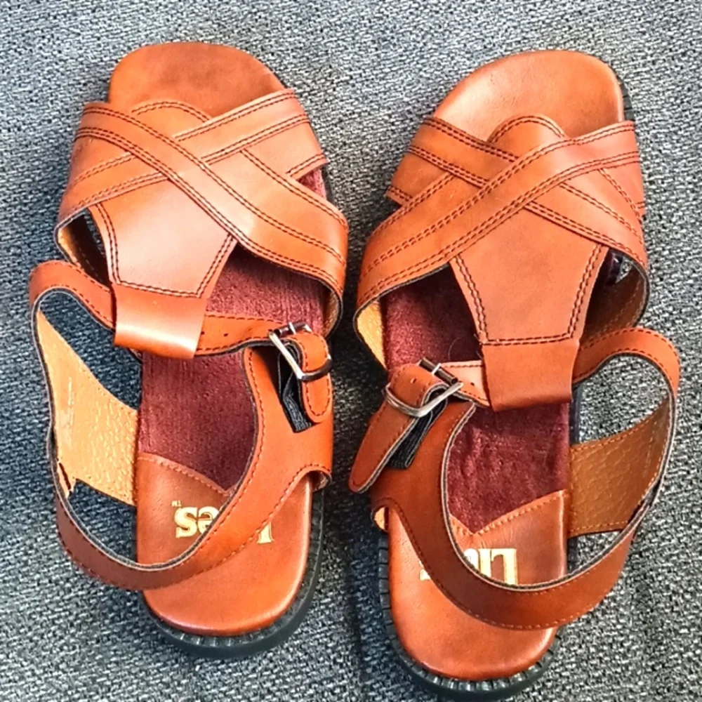 men's Lites brown tan leather adjustable strap sandals with terry cloth liners. - Picture 1 of 5